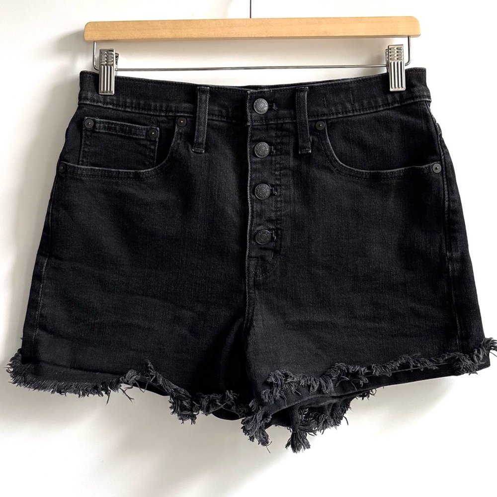 Madewell High Rise Frayed Hem Denim Jean Shorts Exposed Buttonfly Black Size 28